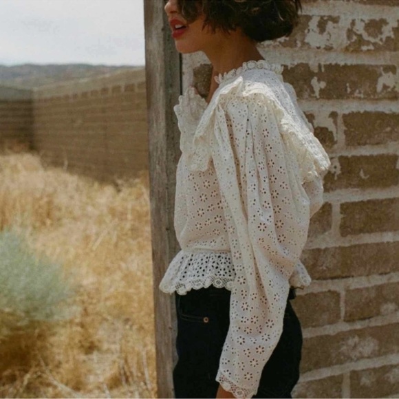 Doen Floryn Blouse - Lace Trim Broderie Anglaise Shirt - Size S - Picture 5 of 10